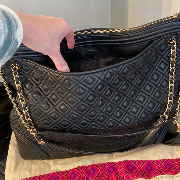 Tory Burch Fleming Tote Black Leather Zip Top Convertible Double Single Handles - Picture 5 of 16